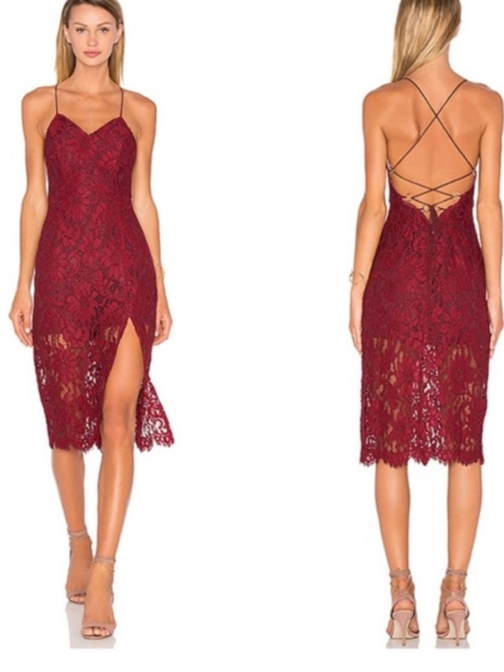 X by NBD Beau Lace Overlay Fitted Dress Open Back Bordeaux- Size 12 NWT